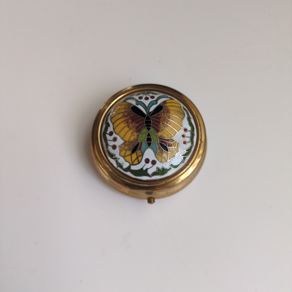 Vintge Butterfly Enamel Cloisonne Pill Box Trinket Box Round Hinged